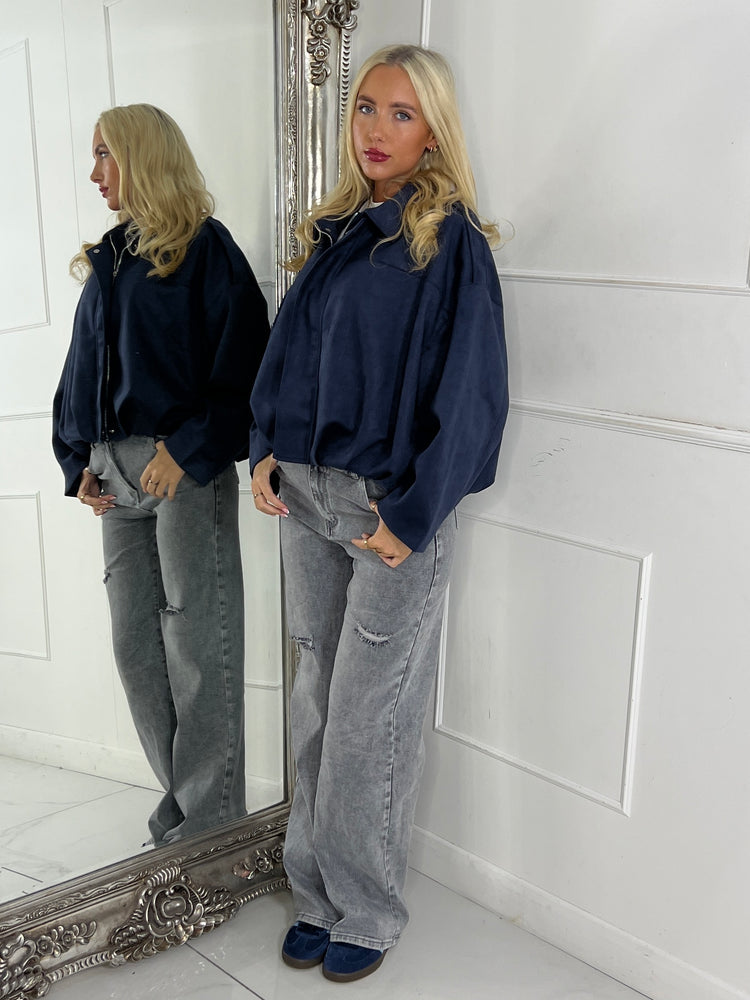 Suede Collared Oversized Bomber Jacket - Navy