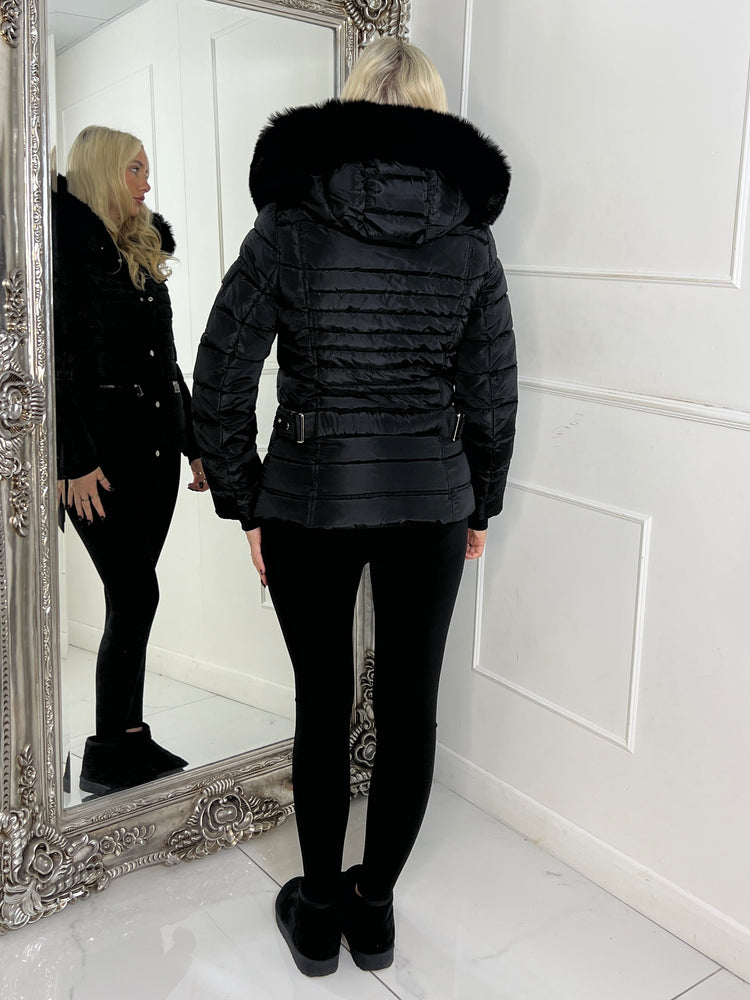 Padded Pocket Detail Faux Fur Hooded Jacket - Black