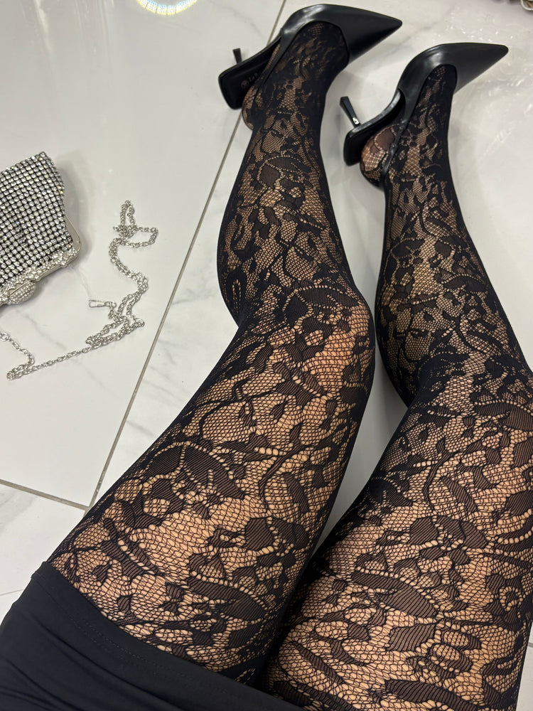 Lace Floral Pattern Tights - Black