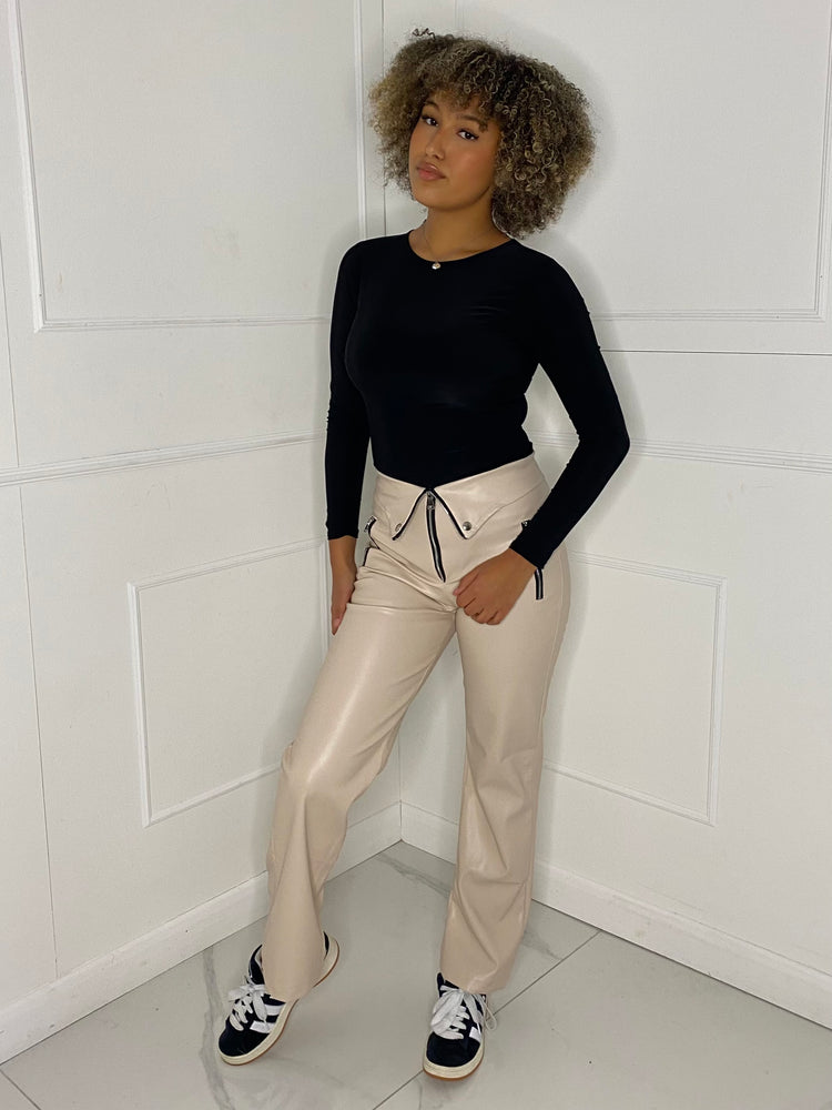 Zip Detail Leather Look Trousers - Cream