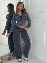 Cropped Zip Up Acid Wash Tracksuit - Charcoal Grey