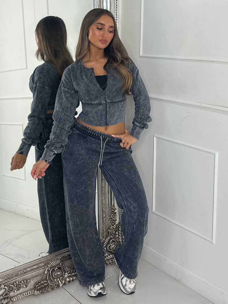Cropped Zip Up Acid Wash Tracksuit - Charcoal Grey