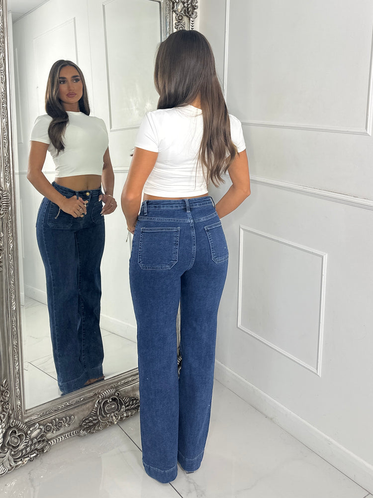 High Waist Pocket Front Jewelled Button Jeans - Dark Denim