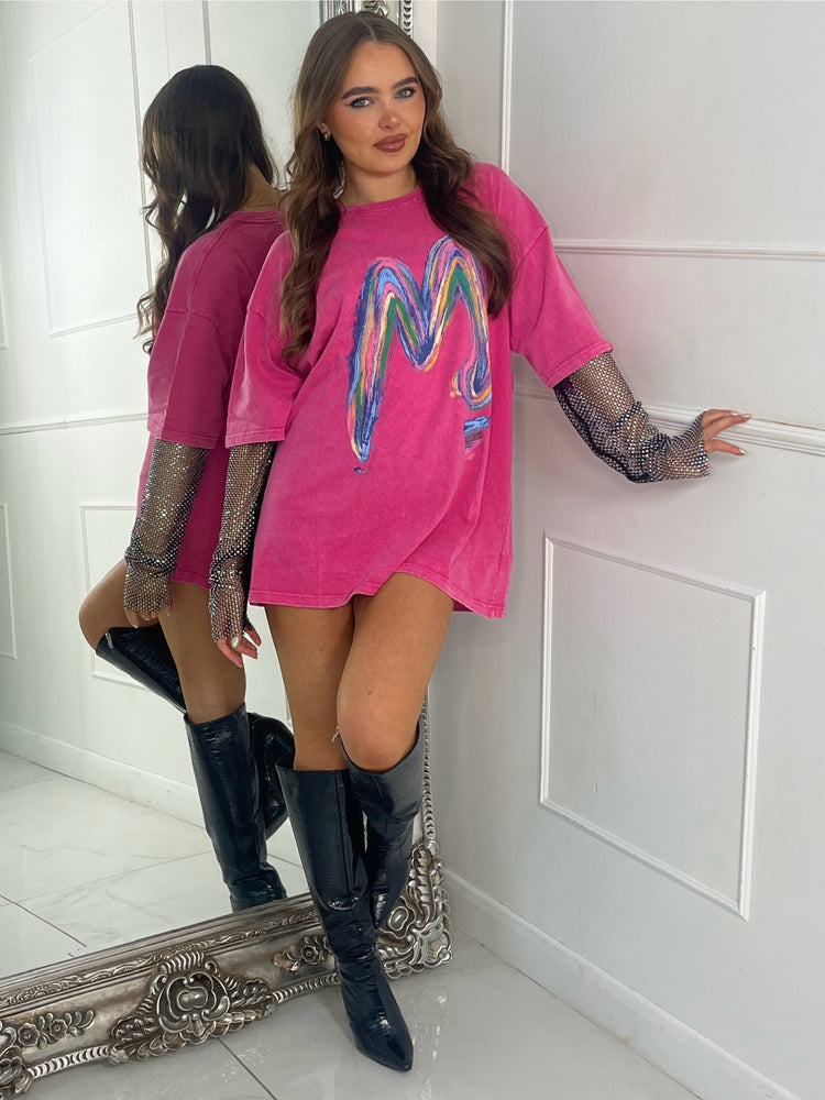 Rainbow M Chainmail Sleeve Oversized Tshirt - Pink