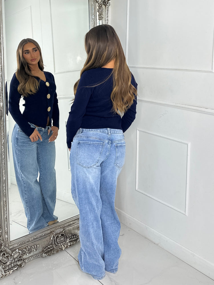 V Neck Sea Shell Detail Long Sleeve Jumper - Navy