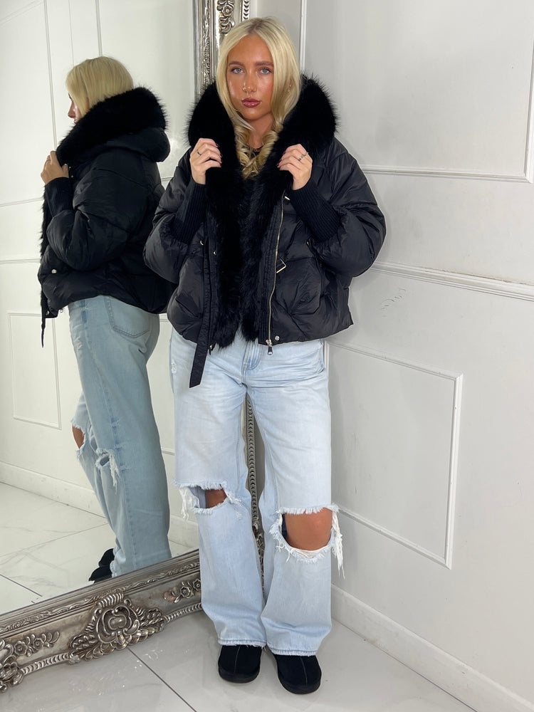 Hooded Faux Fur Puffer Coat With Buckle Detail - Black