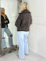 Oversized Collar Pocket Detail Knitted Zip Up Jumper - Brown
