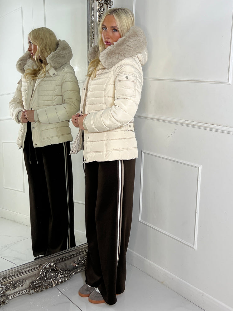 Padded Pocket Detail Faux Fur Hooded Jacket - Cream