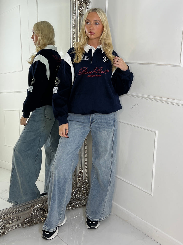 Varsity Slogan Detail Rugby Style Top - Navy/Multi