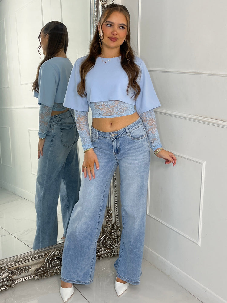 Round Neck Lace Underlayer Long Sleeved Cropped Top - Baby Blue