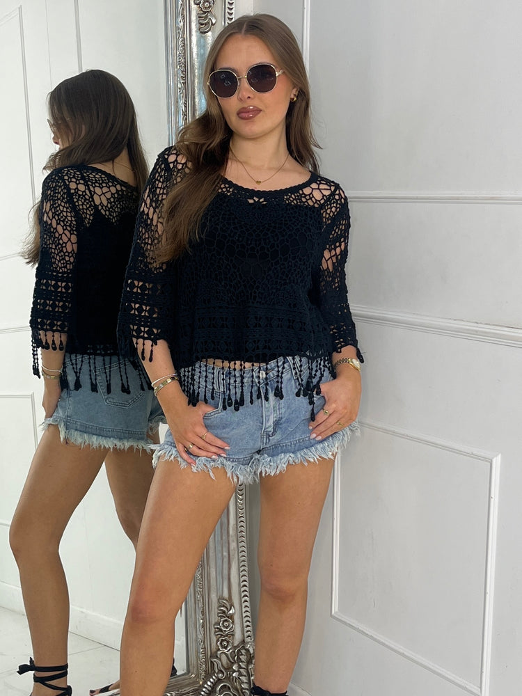 Short Sleeve Crochet Top With Sheer Vest Underlay - Black