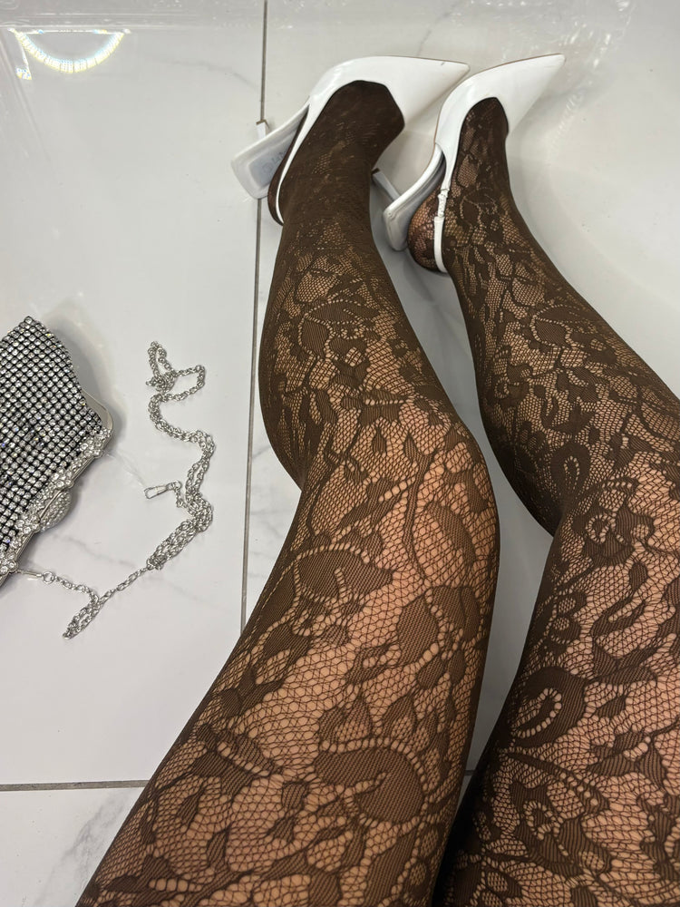 Lace Floral Pattern Tights - Chocolate