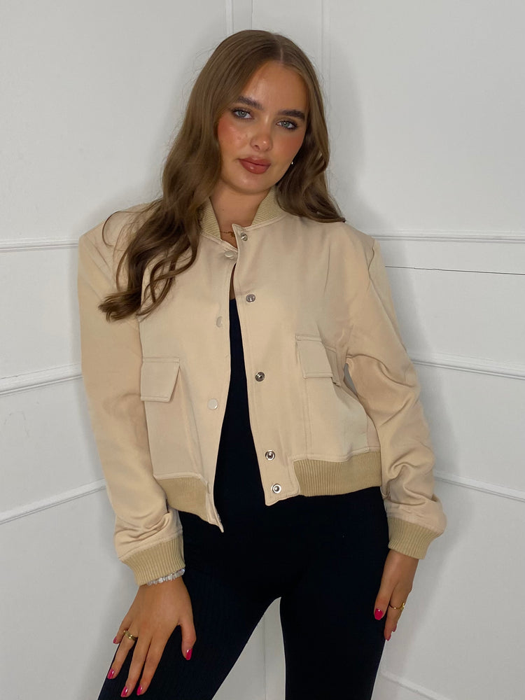 Cropped Pocket Detail Bomber Jacket -Beige