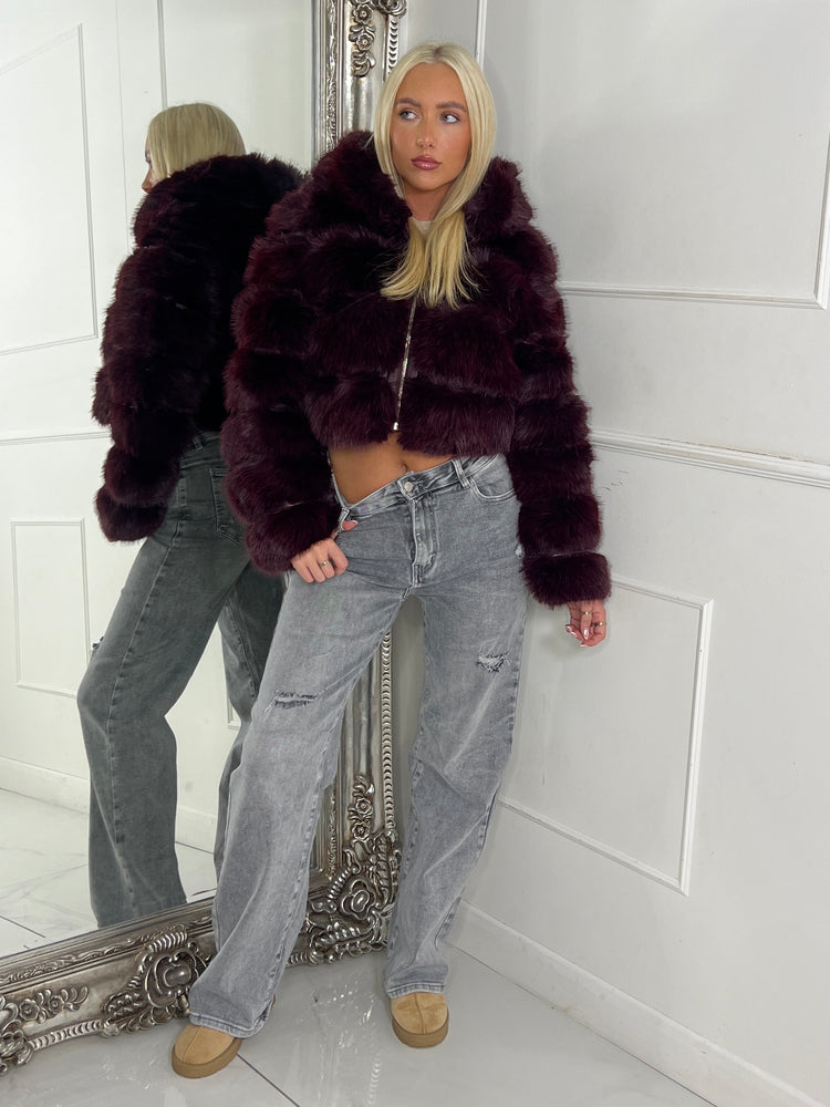 Hooded Faux Fur Tiered Jacket - Wine