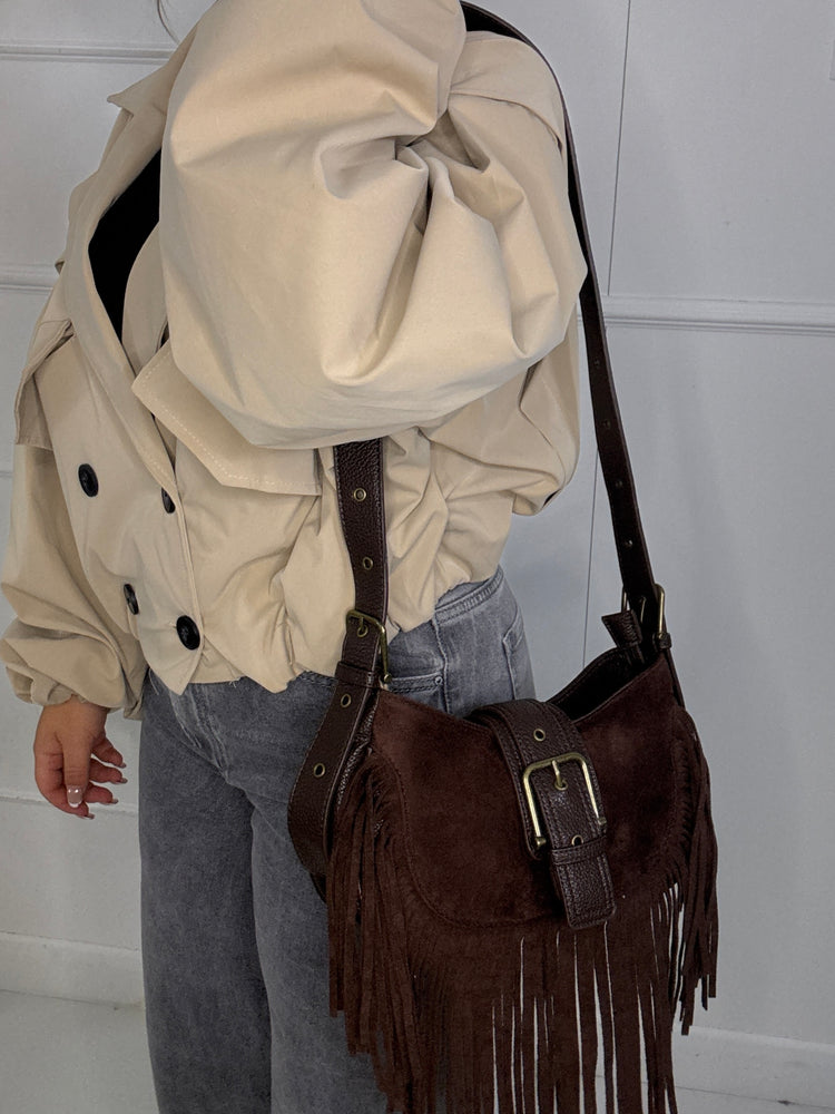 Suede Tassel Leather Strap Detail Shoulder Bag - Brown