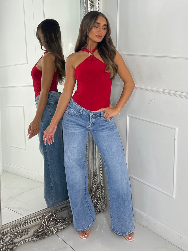 Gold Buckle Cut Out Slinky Bodysuit - Red
