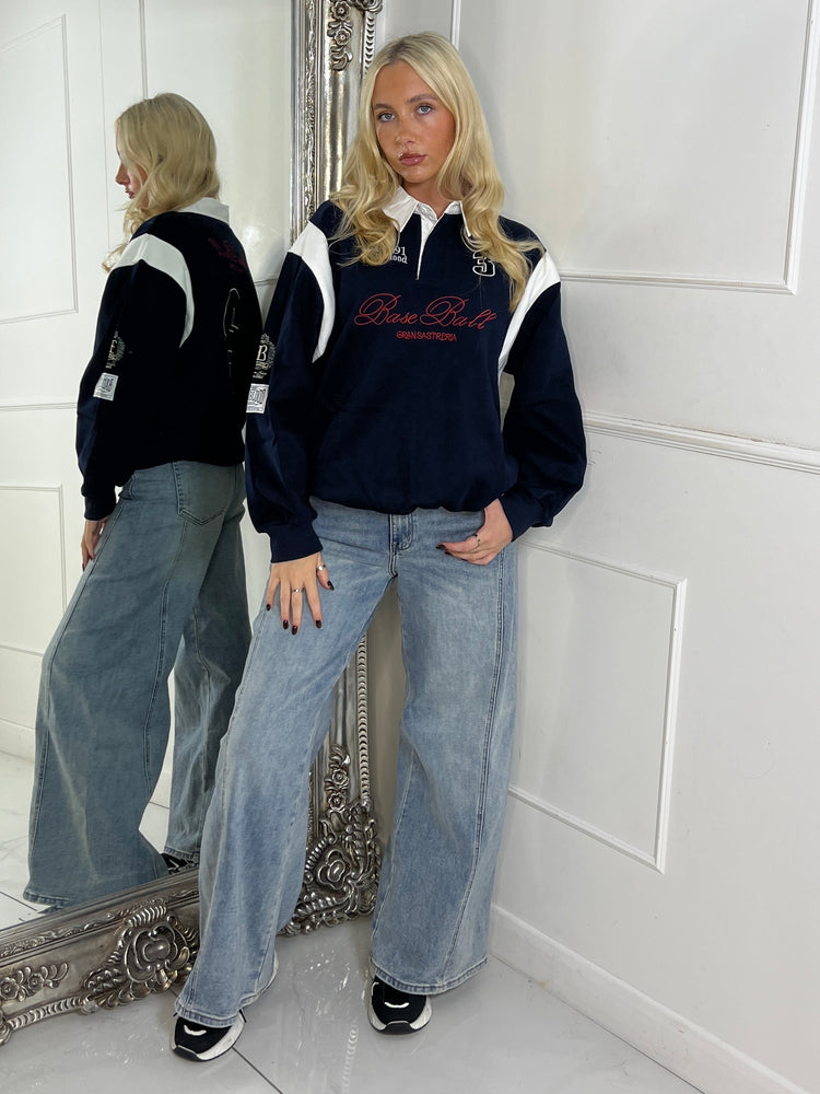 Varsity Slogan Detail Rugby Style Top - Navy/Multi