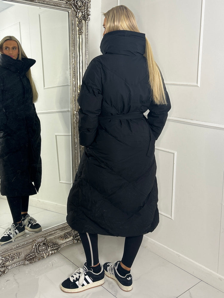 Long Length Padded Belted Coat - Black