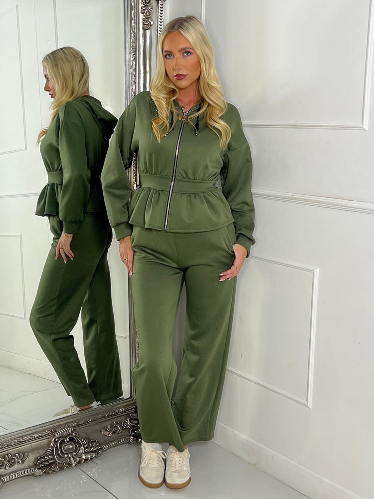 Straight Leg Trousers & Sinch Waist Detail Hoodie Co Ord - Khaki