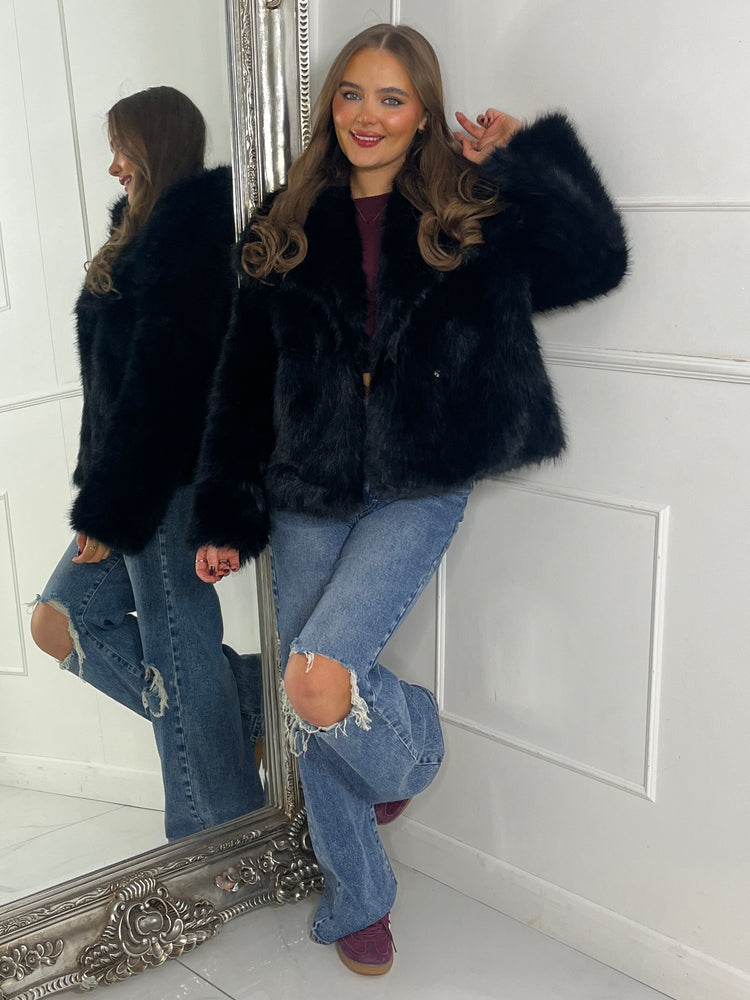 Soft Faux Fur Collar Detail Oversized Jacket - Black