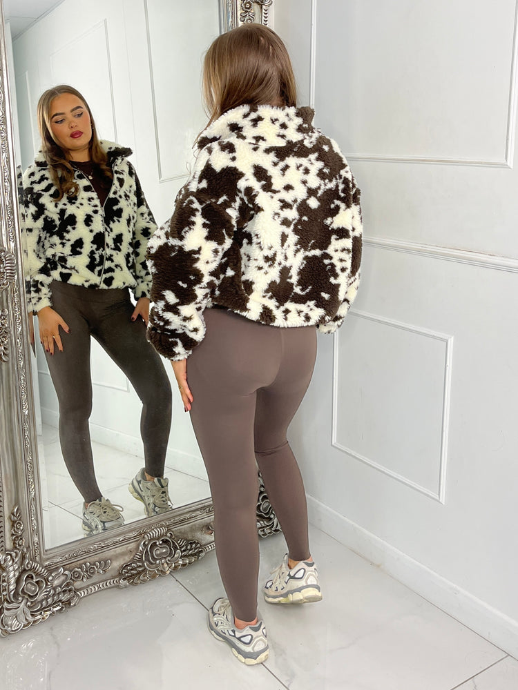 Smudge Print Zip Up Fleece Teddy Jacket - Brown/White