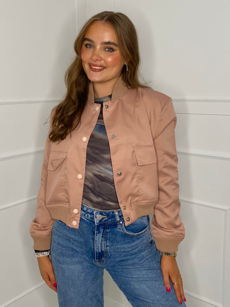 Cropped Pocket Detail Bomber Jacket - Peach