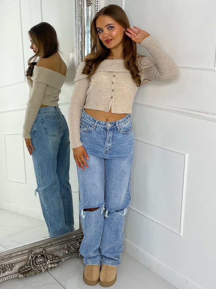 Heavy Rib Off Shoulder Top - Beige Knit