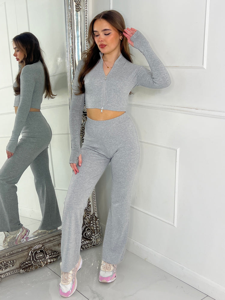 Zip Up Flared Ribbed Loungeset - Grey