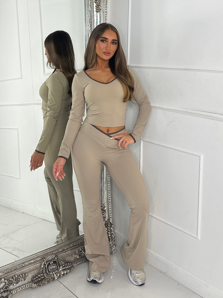 Crossover Ruched Bum Flares & Line Detail Long Sleeved Top - Beige