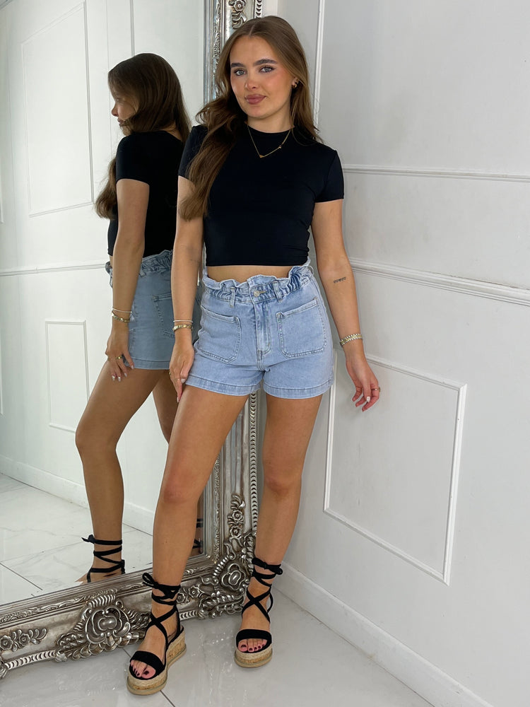 Pocket Detail Paper Bag Denim Shorts - Light Wash