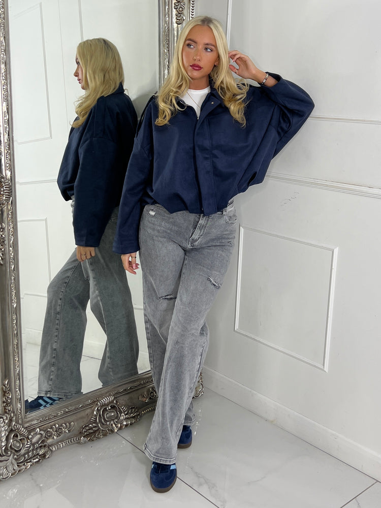 Suede Collared Oversized Bomber Jacket - Navy