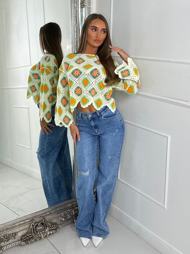 Crochet contrast patterned top - Beige/Orange&Green