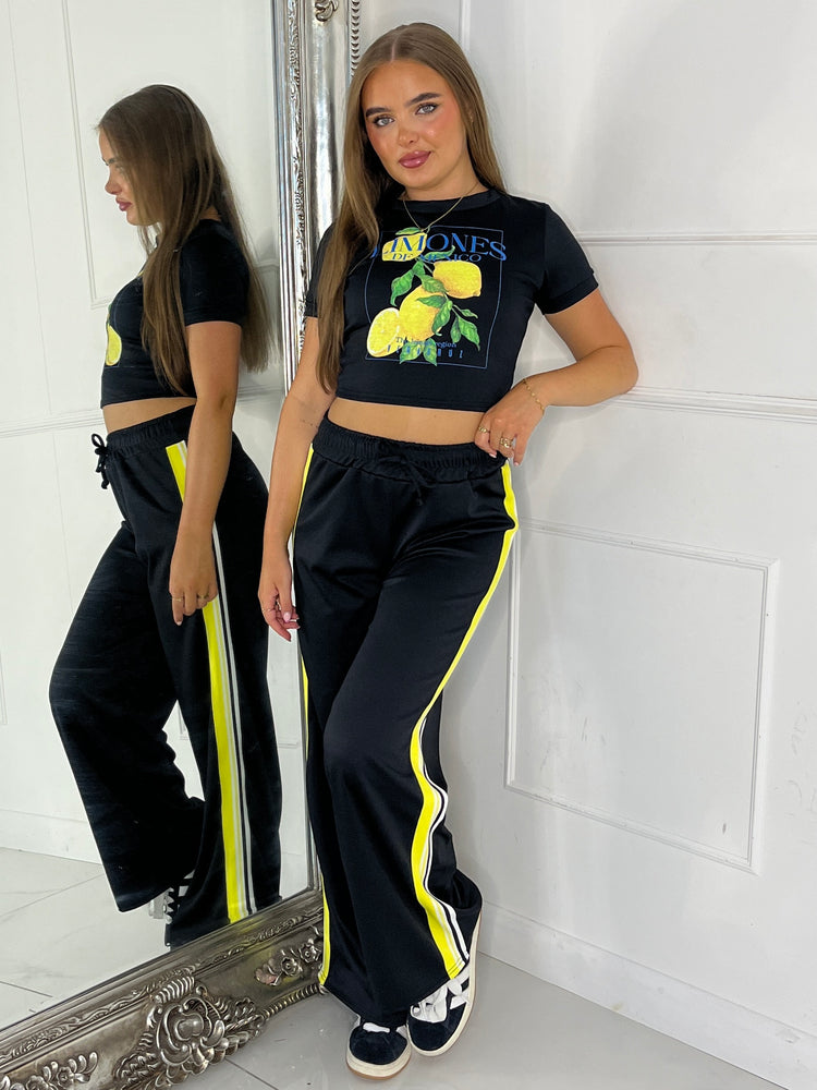 Lemon Tee & Side Stripe Trousers Co-Ord - Black
