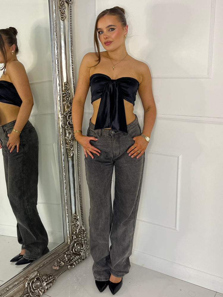 Stretch Satin Zip Up Bow Top - Black