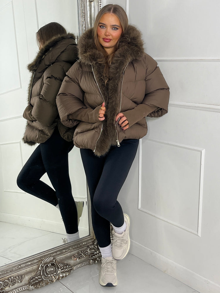Hooded Puffer Coat With Faux Fur Trim - Brown