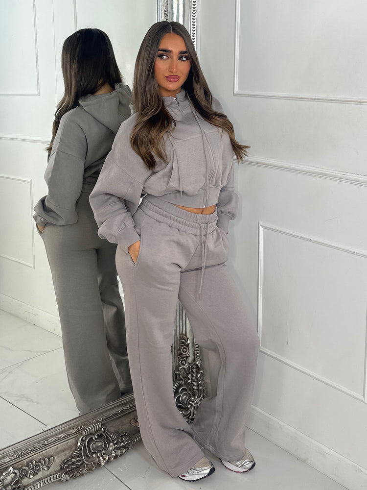 Hooded Zip Up & Double Waist Band Wide Leg Joggers Tracksuit - Dove Grey