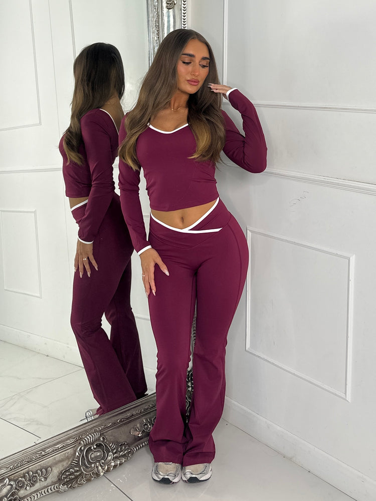 Crossover Ruched Bum Flares & Line Detail Long Sleeved Top - Wine