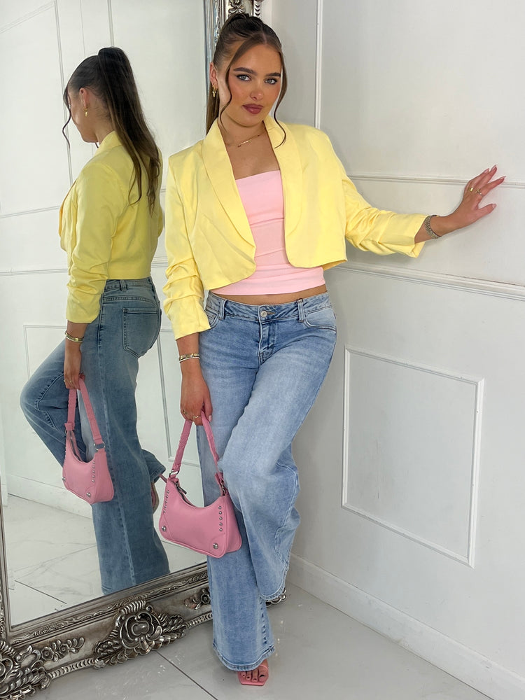 Cropped Ruched Sleeve Blazer - Yellow