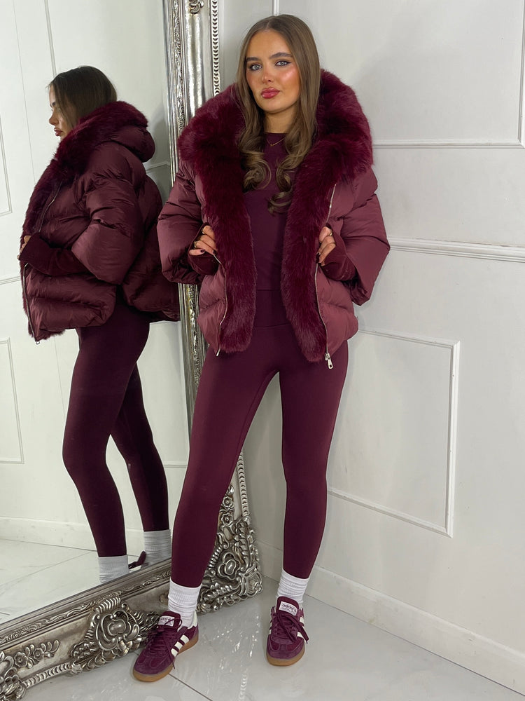 Hooded Puffer Coat With Faux Fur Trim - Wine