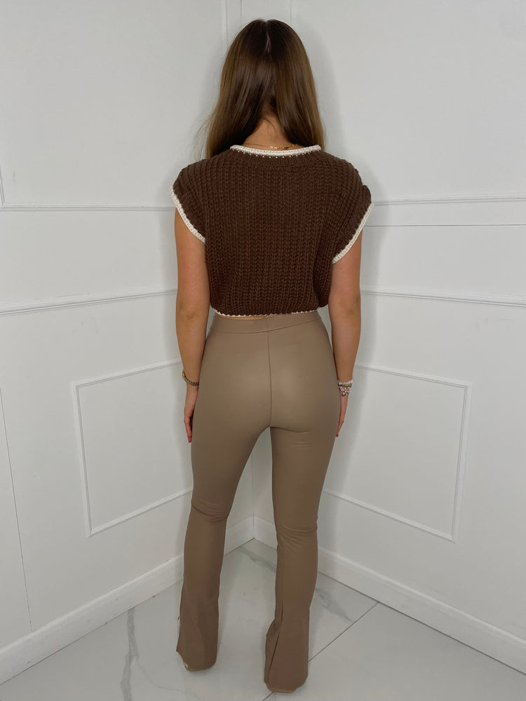 Leather Look Slit Flared Leggings - Beige