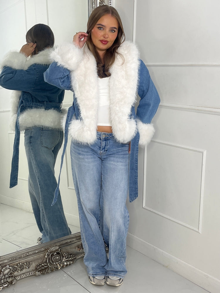 Denim Fur trim Detail Jacket - Blue/White