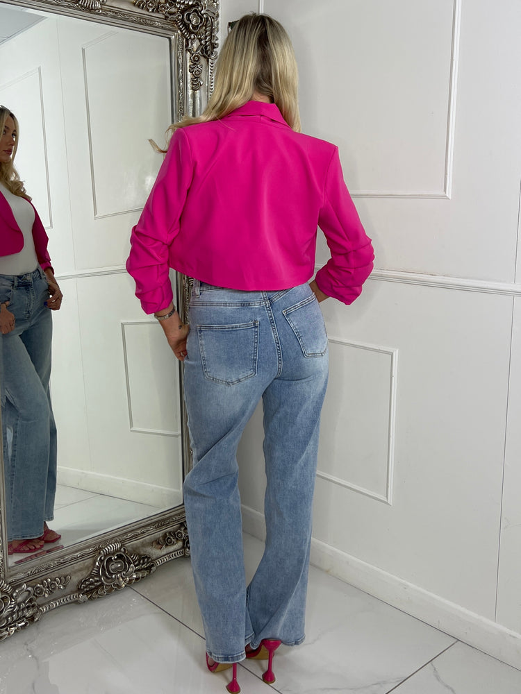 Cropped Ruched Sleeve Blazer - Hot Pink