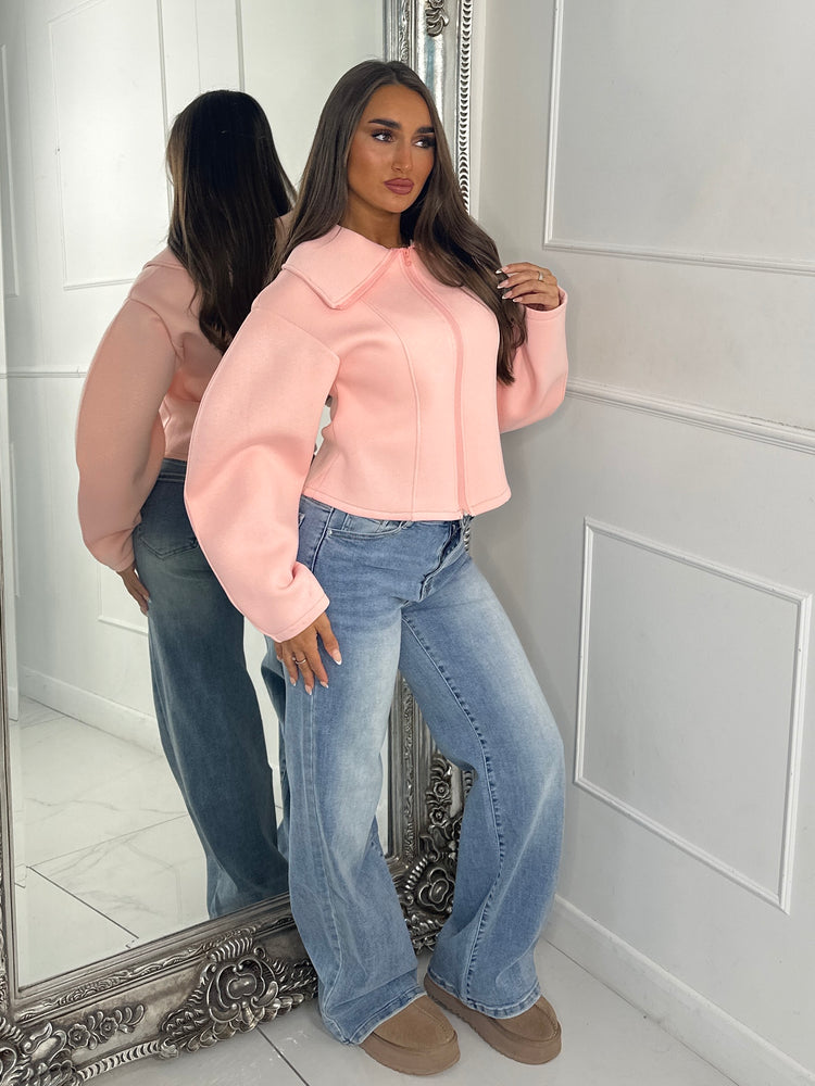 Zip Up Oversized Collar Jacket - Baby Pink