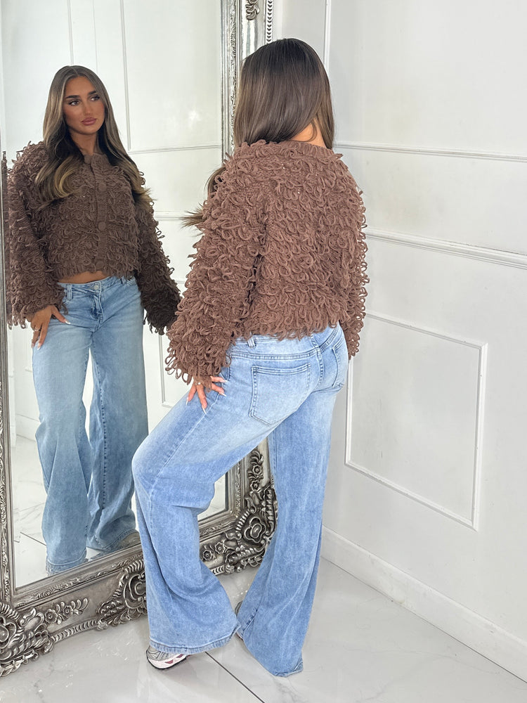Soft Fluffy Loop Detail Cardigan - Brown