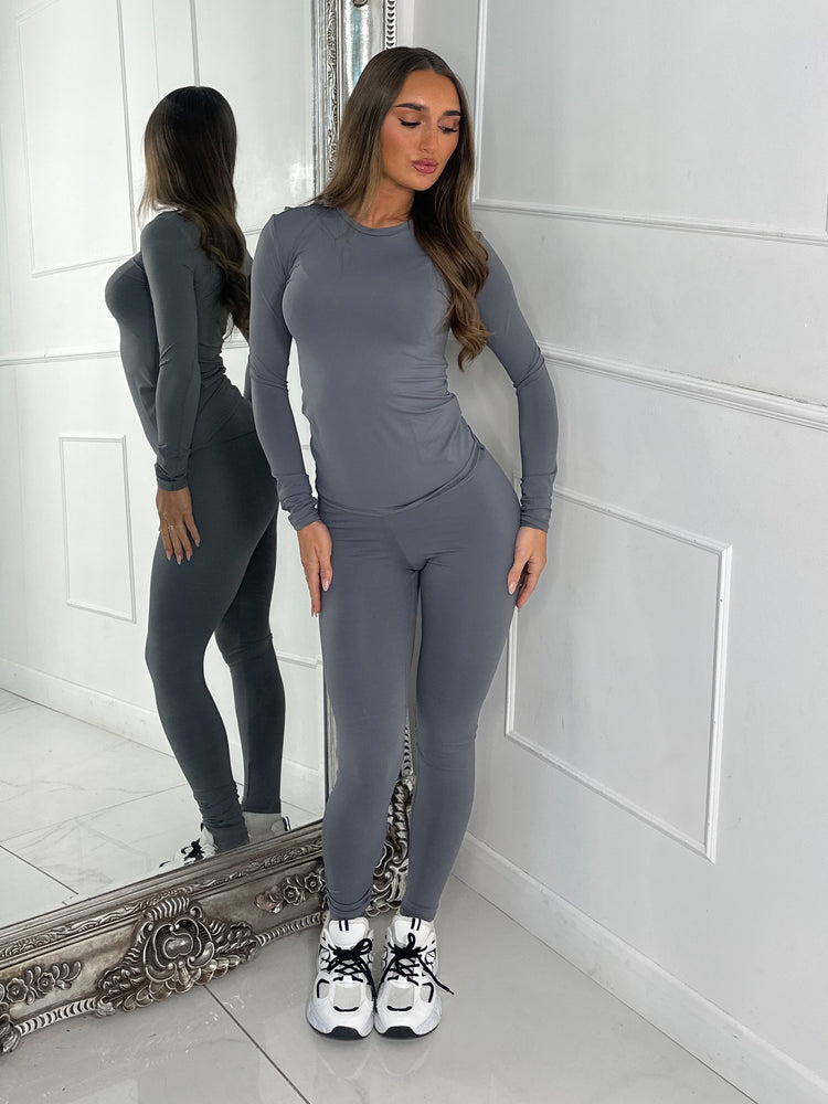 Round Neck Long Sleeve Second Skin Top & Sculpt Panel Leggings - Charcoal Grey