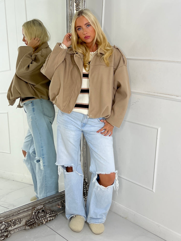 Collared Oversized Bomber Jacket - Beige