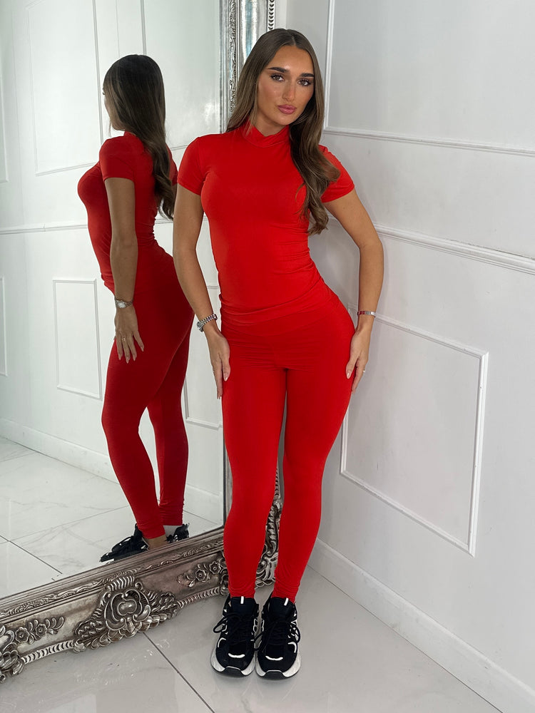 High Neck Second Skin Top & Sculpt Panel Leggings - Red