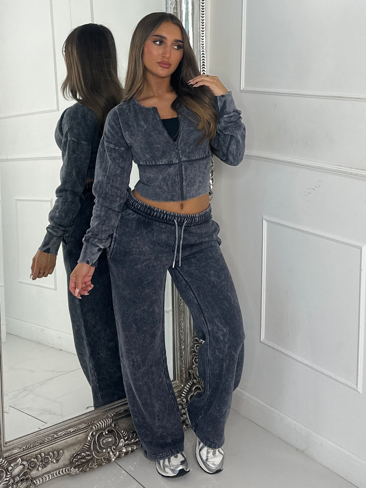 Cropped Zip Up Acid Wash Tracksuit - Charcoal Grey