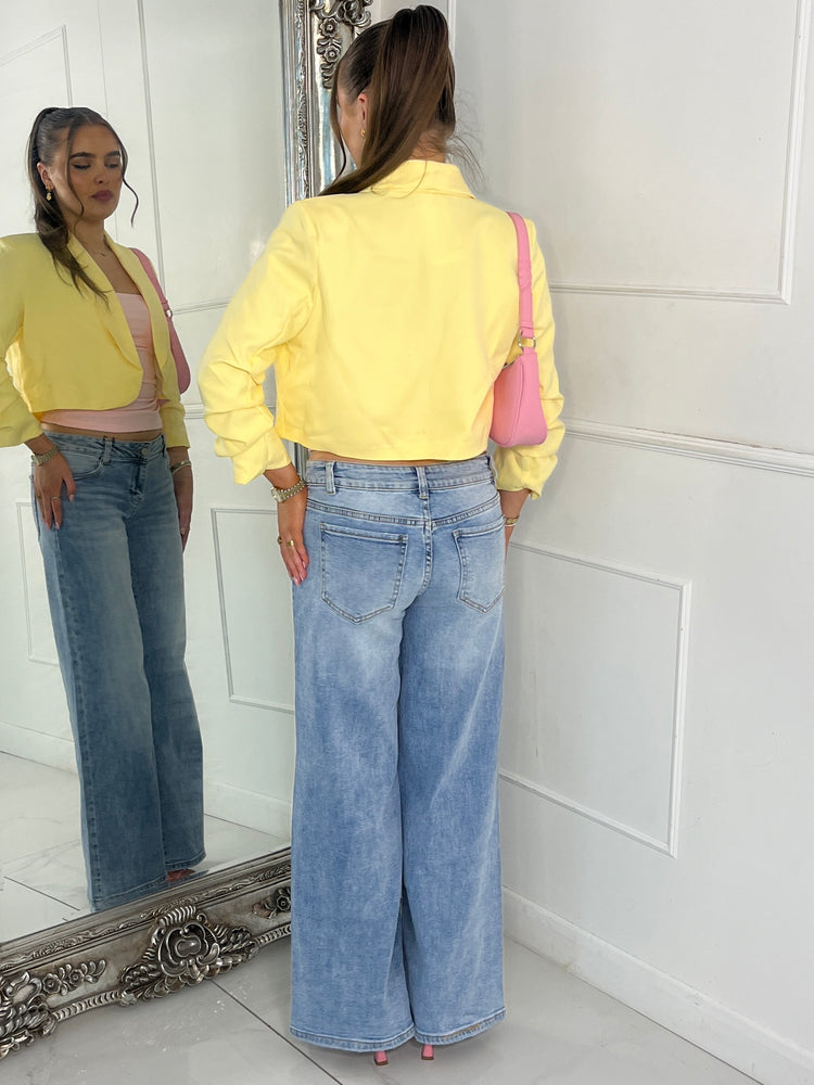 Cropped Ruched Sleeve Blazer - Yellow