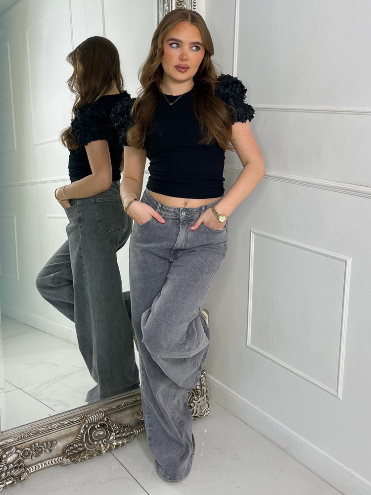 Mesh Ruffle Shoulder Tee -Black Ribbed